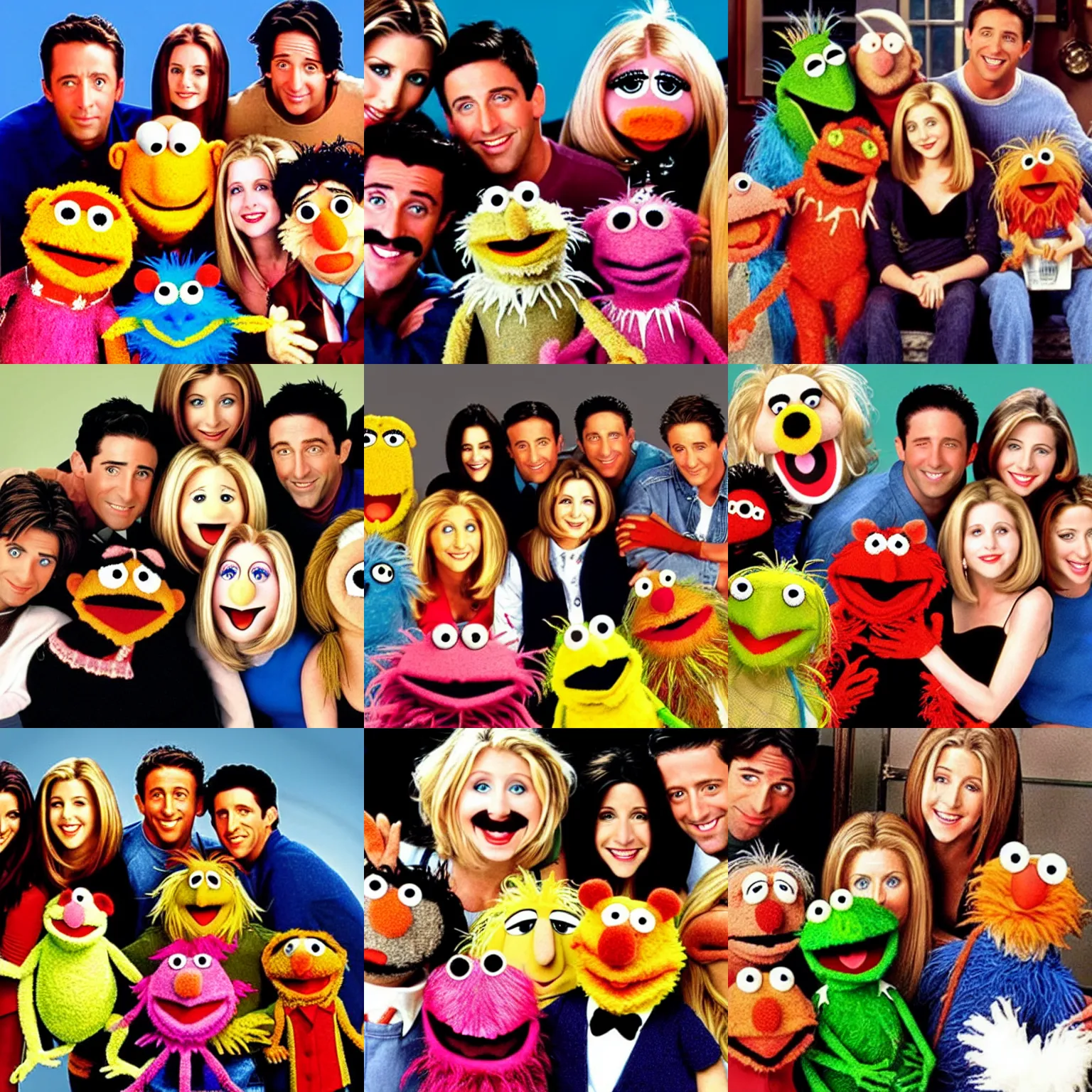 Prompt: Cast of FRIENDS but with stoned Muppets