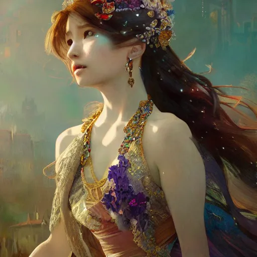 Prompt: a beautiful noami osaka, adorned with precious stones, tiara and necklace by jeremy mann and alphonse mucha, photo realistic, dynamic lighting, windy, artstation, poster, dreamy, volumetric lighting, ethereal, 4 k, high detail