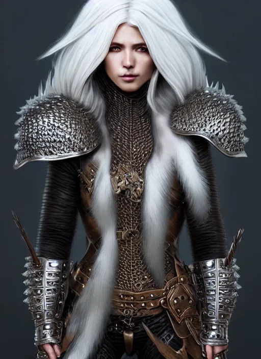 Image similar to fur leather armor!!! long wild white hair!! covered chest!!! fantasy, d & d, intricate ornate details, symmetry, concept art, sharp focus, illustration, art by artgerm! greg rutkowski magali villeneuve wlop! ilya kuvshinov!!, octane render, unreal engine 5, highly rendered!!