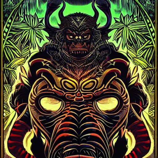 Image similar to barong family member, wiwek, mara demon, one single tribe member, jungle, one single mask, dark, ancient warrior, gorilla in jungle, lizard, tribal, fists, inner glow, art by dan mumford and justin gerard