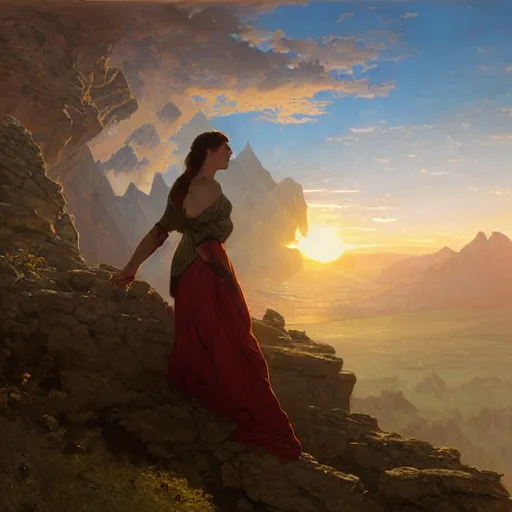 Image similar to an ultradetailed matte landscape painting of mountain sized sculpture of a beautiful and elegant woman, sunrise on the horizon in the background, stone hand raised up, 8 k, art by greg rutkowski and alphonse mucha and andreas rocha and albert bierstadt