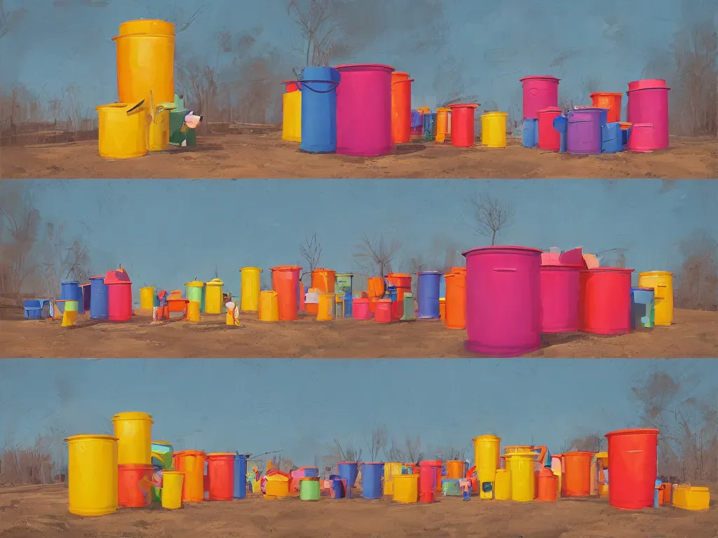 Image similar to colorful paint buckets in the style of simon stalenhag