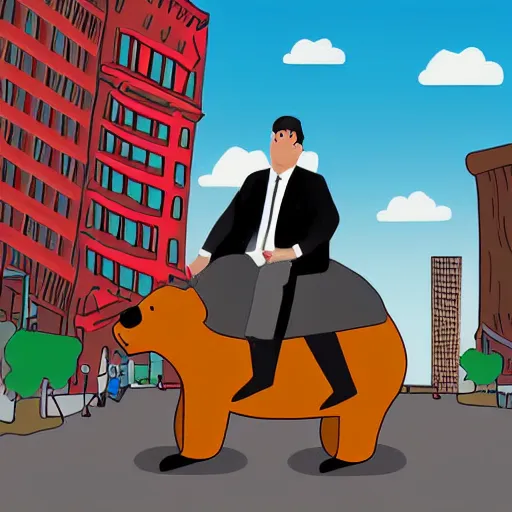 Image similar to digital art of a businessman riding a bear in the city