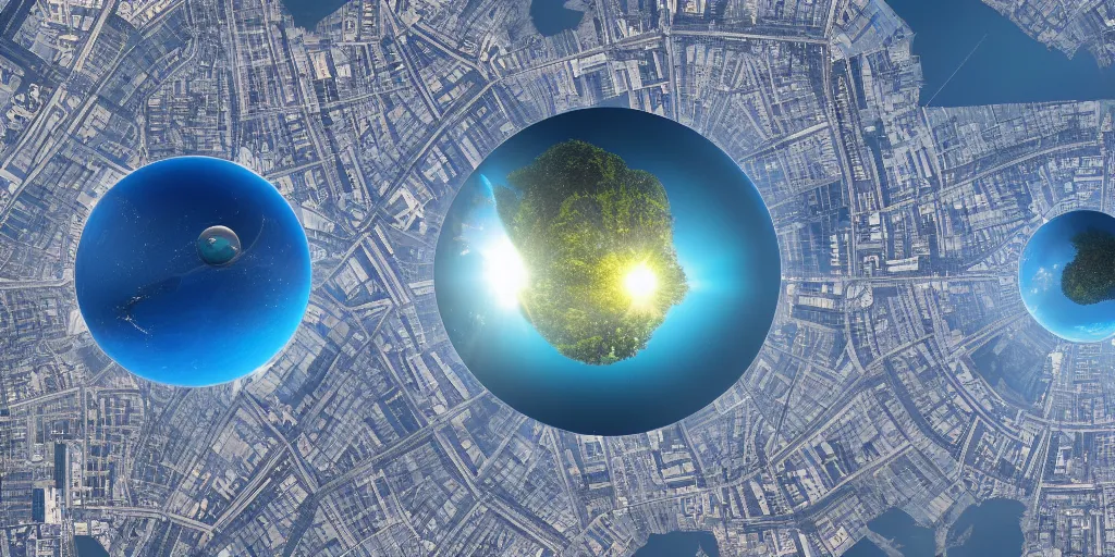 Prompt: giant city encased in a glass sphere tethered to the blue planet below, view from space, the sun is in the background reflecting off the glass dome, ray tracing, refractive, award winning, trending on artstation, digital art. highly detailed 8 k. intricate. lifelike. soft light. nikon d 8 5 0.