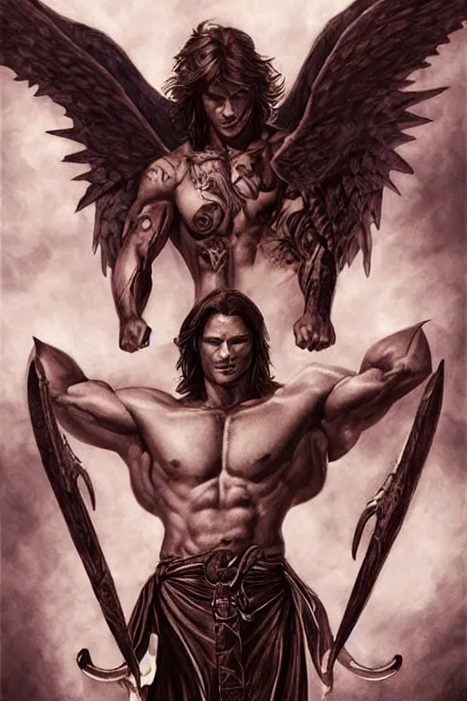 Prompt: front portrait of attractive sam winchester as a muscular warrior angel with demon wings wide open, teared apart t - shirt whole body tattooed with runes and satanic symbols, d & d!, fantasy style, sharp focus!, ultra detailed, art by artgerm and peter andrew jones, wlop