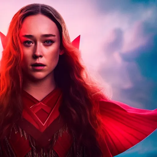 Image similar to alycia debnam carey as a scarlet witch, marvel, HDR, studio light, dynamic pose,award winning photograph , shot on Canon EOS R5, F/1.8, medium close shot,