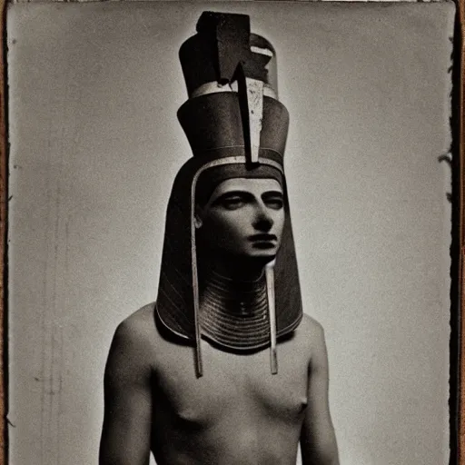 Image similar to A pharaoh from Ancient Egypt wearing an outfit designed by Raf Simons, daguerreotype