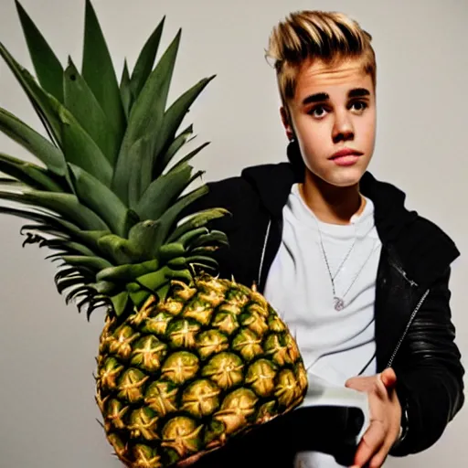 Image similar to justin bieber with a gun next to a pineapple