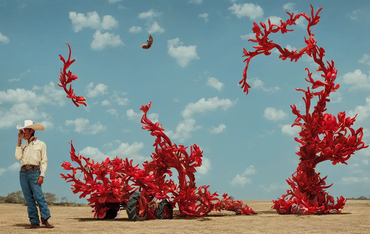 Image similar to a cowboy turning into blooms. tropical sea slugs, tractor tires. complementary colors. national geographic. 8 k, rendered in octane, smooth gradients. sculpture by antonio canova. red accents. by slim aarons, by zhang kechun, by lynda benglis