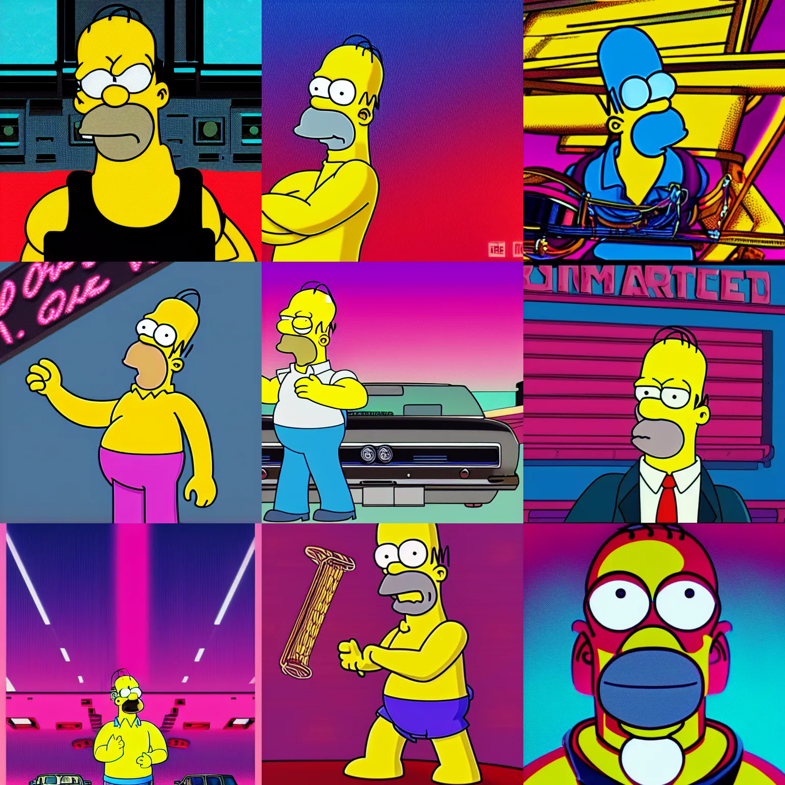 Prompt: Homer Simpson in the movie Drive, synthwave style, highly detailed, 4K, colorful, art