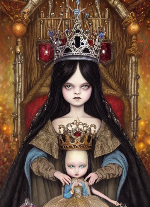 Image similar to highly detailed closeup portrait of a goth fairytale medieval princess wearing a crown and sitting on a throne, surrounded by cute medieval goblins, unreal engine, nicoletta ceccoli, mark ryden, earl norem, lostfish, global illumination, god rays, detailed and intricate environment