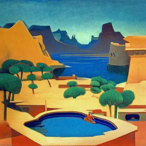 Image similar to a oil painting of a harem pool in a desertic landscape surrounded by mountain, stylised storm, by nicholas roerich, by frank frazetta by georgia o keeffe by frederick william elwell, by hans emmenegger, by eyvind earle highly detailed, realistic, outline, line work, fantasy, oriental, stylised flat colors, animation