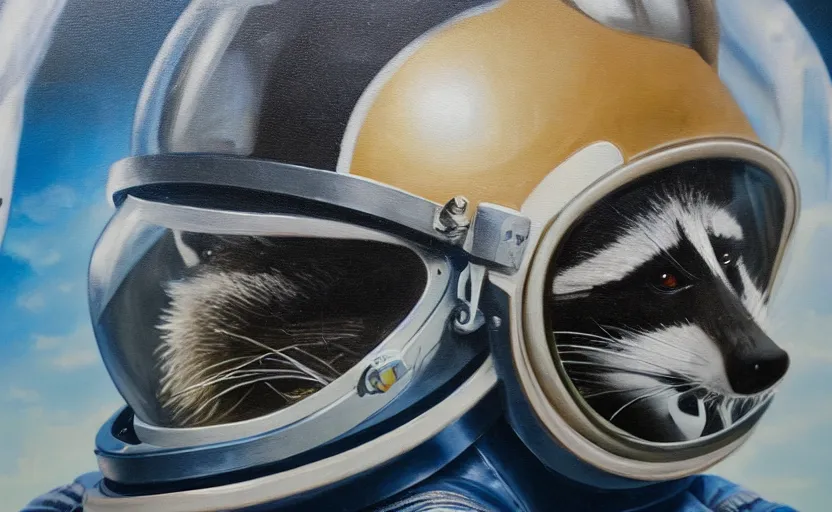 Image similar to oil painting of a racoon in a astronaut suit with helmet, 35mm, photo, Epic, cinematic, highly detailed and intricate