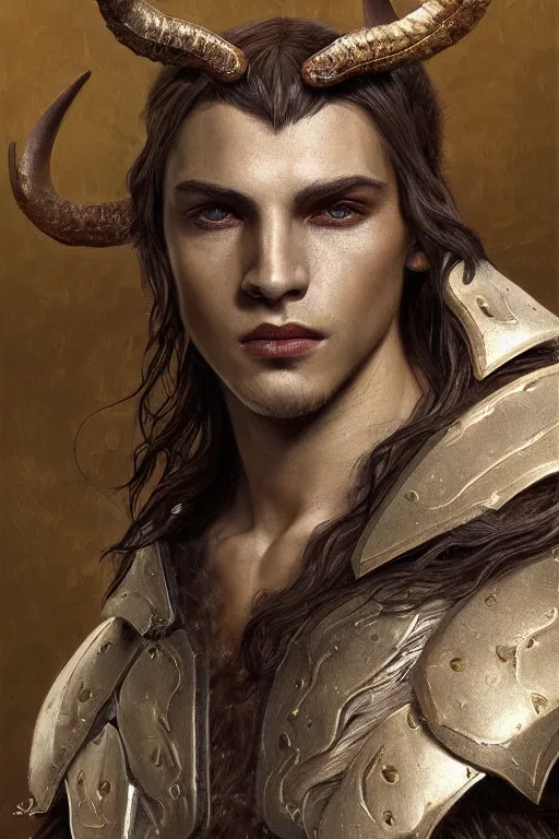 Prompt: close up painting of a young man satyr with horns in refined leather brigandine armor, druid character design from the elder scrolls v : skyrim, decorated, intricate, elegant, highly detailed, digital painting, artstation, concept art, smooth, sharp focus, illustration, art by artgerm and greg rutkowski and alphonse mucha, 8 k