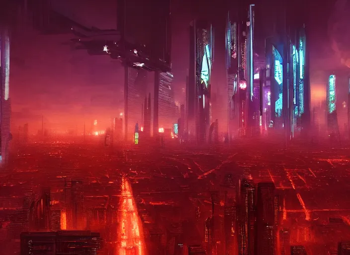 Image similar to cyberpunk scifi scene of paris skyline at night, artstation, matt painting, very detailed, maximalism, ambient occlusion, volumetric light, atmospheric haze, unreal engine, hyper realism, realistic shading, cinematic composition, realistic render, octane render, detailed textures, photorealistic, wide shot