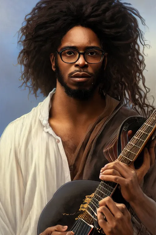 Prompt: A mystical mesmerizing 8k hyperrealistic Photo Portrait of a black man with long curly hair, wearing glasses, carrying a guitar, transforming into air, soft, sharp focus, detailed, art by Greg Rutkowski and artgerm and Alphonse Mucha