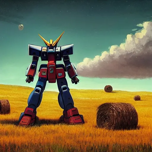 Prompt: giant gundam stands over field with hay bales by simon stalenhag, sci fi digital painting, unreal engine 5, photorealism, hd quality, 8 k resolution, cinema 4 d, 3 d, cinematic, professional photography, art by artgerm and greg rutkowski and alphonse mucha and loish and wlop