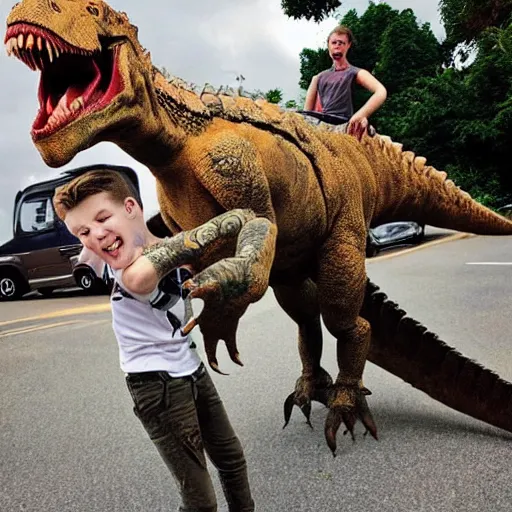 Image similar to an old photograph of taddl ( tj _ beastboy ) riding a real dinosaur, exciting