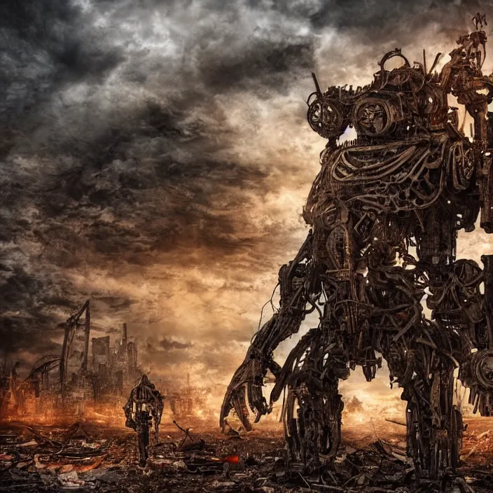 Image similar to gritty apocalyptic human - cyborg standing amongst destroyed machinery, hyper - detailed, sharp focus, 4 k ultra hd, fantasy dark art, apocalyptic art