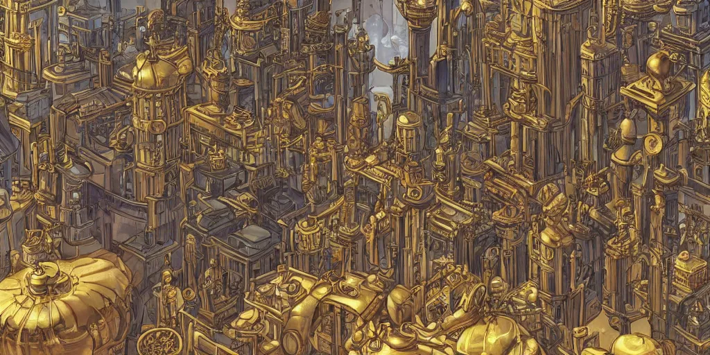 Prompt: a golden steampunk city in the style of arcane