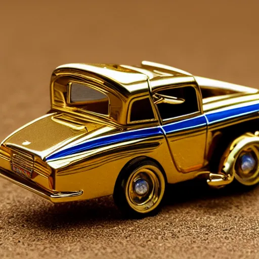 Prompt: 3 5 mm photo of metallic gold gasser like hot wheels model with a room as background