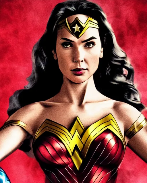 Image similar to wonderwoman portrait hd sharp photo with mix of gal Gadot and Linda Carter in frank Miller Alex Ross style detailed trending Leica Zeiss depth of field