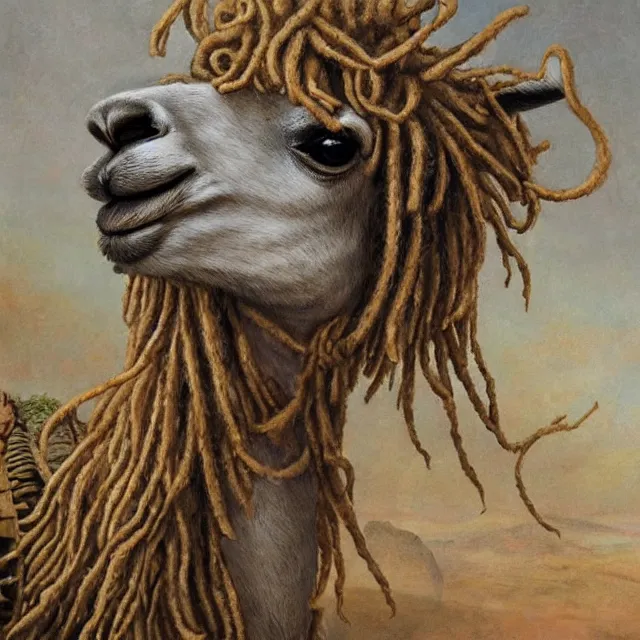 Prompt: llama with dreadlocks, by mandy jurgens, ernst haeckel, ron embleton, james jean