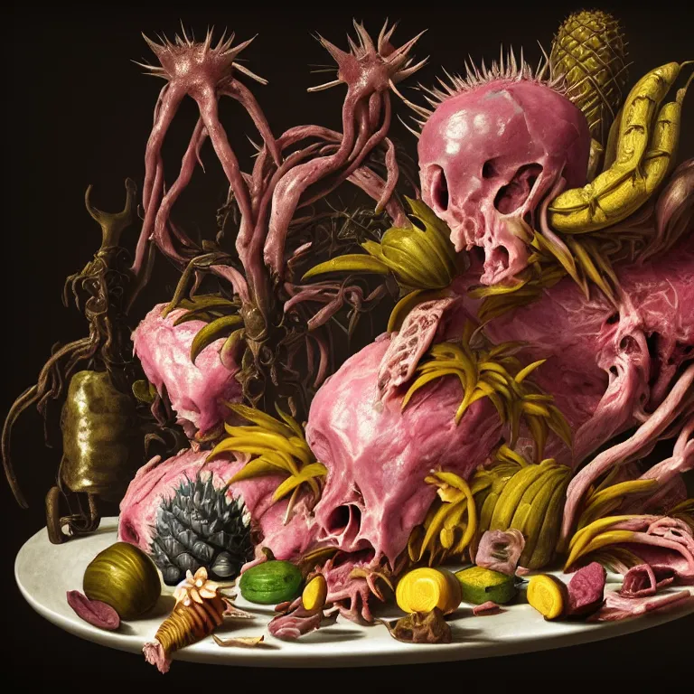 Prompt: still life of beautiful pastel tropical alien flowers, tropical fruit, human spine, rotten meat flesh with colorful mold, muscle tissue, spikes, baroque painting, beautiful detailed intricate insanely detailed octane render, 8K artistic photography, photorealistic, chiaroscuro, Raphael, Caravaggio