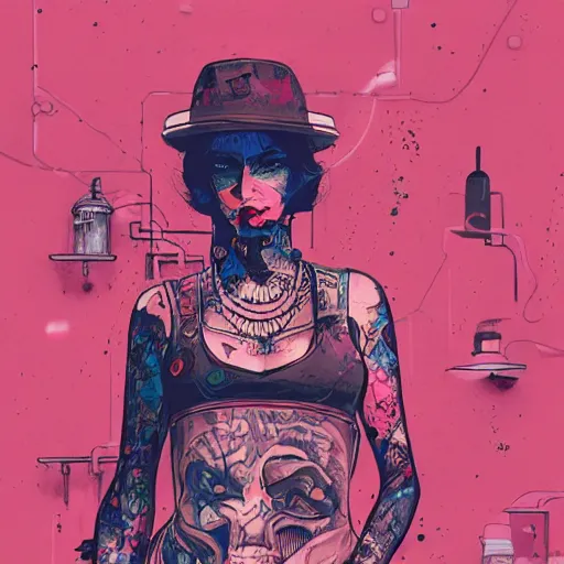 Image similar to a colorfully detailed comic noir style illustration of a tattooed woman posing next to a pink Cadillac in a post-apocalyptic desert by queens of the stone age and sachin teng, dark vibes, street art, cinematic, high contrast, depth of field