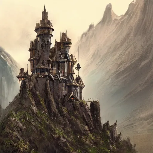 Prompt: high fantasy castle on a mountain, concept art, on an alien world, future technology, backlit, photo realistic