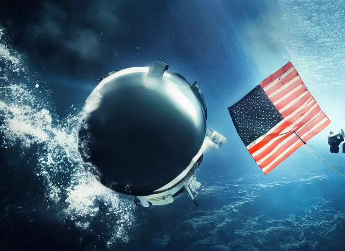 Prompt: astronaut underwater putting a flag on the sand in the bottom of the ocean. in the background, a spherical submarine is visible. dark, concept art, cinematic, dramatic, atmospheric, 8 k, trending on artstation, zack snyder