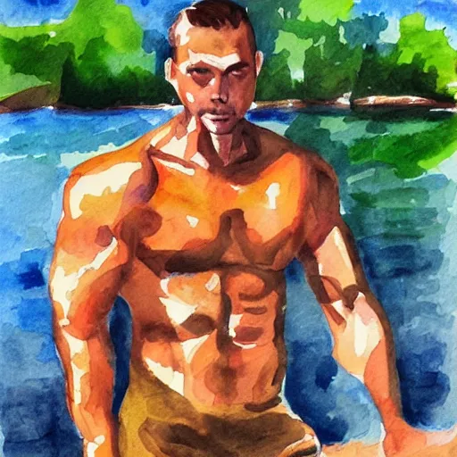 Prompt: muscular man by the river, water color painting