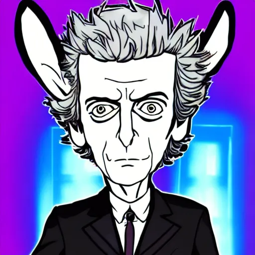 Prompt: peter capaldi, as doctor who, wearing bunny ears, location is inside the TARDIS, anime chibi,ink and Alcohol markers, trending on pixiv