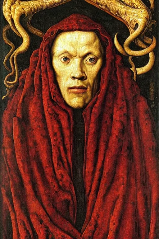 Prompt: portrait of cthulhu, oil painting by jan van eyck, northern renaissance art, oil on canvas, wet - on - wet technique, realistic, expressive emotions, intricate textures, illusionistic detail