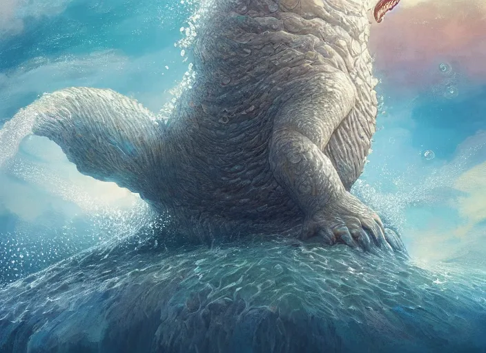 Image similar to a majestic water-dwelling creature with a cute smiling face, creature rising through the surface of the water, lake and sea beast, digital painting, masterpiece, 4k wallpaper, fantasy creature design by Moebius and Hayao Miyazaki, beautiful, gorgeous, artstation