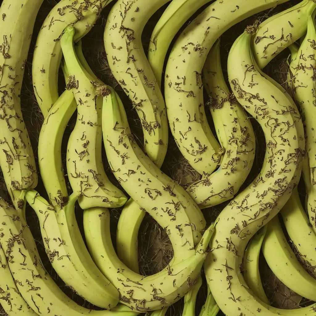 Prompt: very ripe looped bananas like a complex fractal, cracked, vegetable foliage, art nouveau fractal with petal shape, and stems, mesh roots, hyper real, food photography, high quality