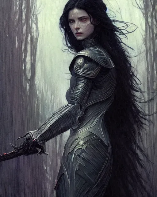 Image similar to a beautiful woman dark hair in an armor with dark eyes, elegant, dark blue, ethereal horror fantasy art by greg rutkowski and magali villeneuve and claude monet