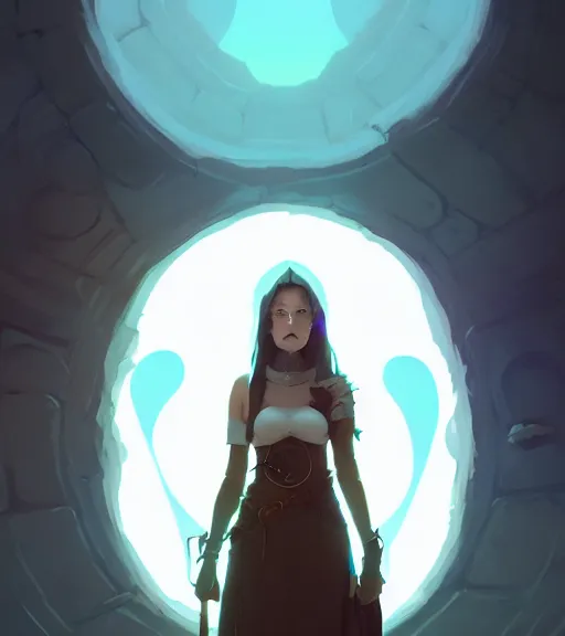 Image similar to portrait of a female mage, d & d, fantasy, standing near a portal by atey ghailan, by greg rutkowski, by greg tocchini, by james gilleard, by joe fenton, by kaethe butcher, dynamic lighting, gradient light blue, brown, blonde cream and white color scheme, grunge aesthetic