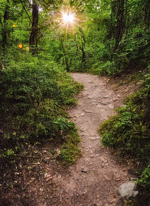 Image similar to a 2 8 mm macro photo of a winding hiking trail in the mountains, fluffy clouds at sunset, lush greenery, splash art, movie still, bokeh, canon 5 0 mm, cinematic lighting, dramatic, film, photography, golden hour, depth of field, award - winning, anamorphic lens flare, 8 k, hyper detailed, 3 5 mm film grain, hazy