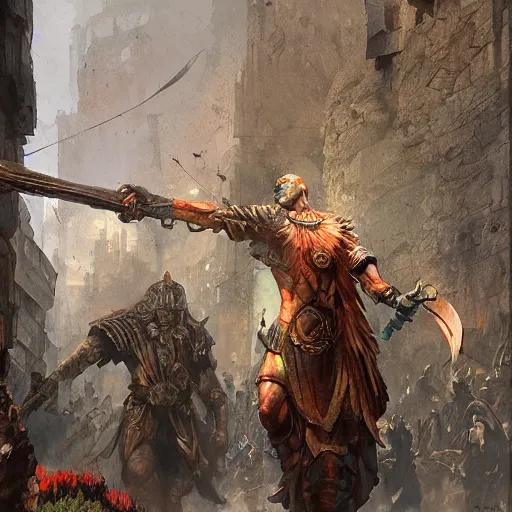 Image similar to giant statues of warriors with hand out in greeting by Marc Simonetti, fantasy art