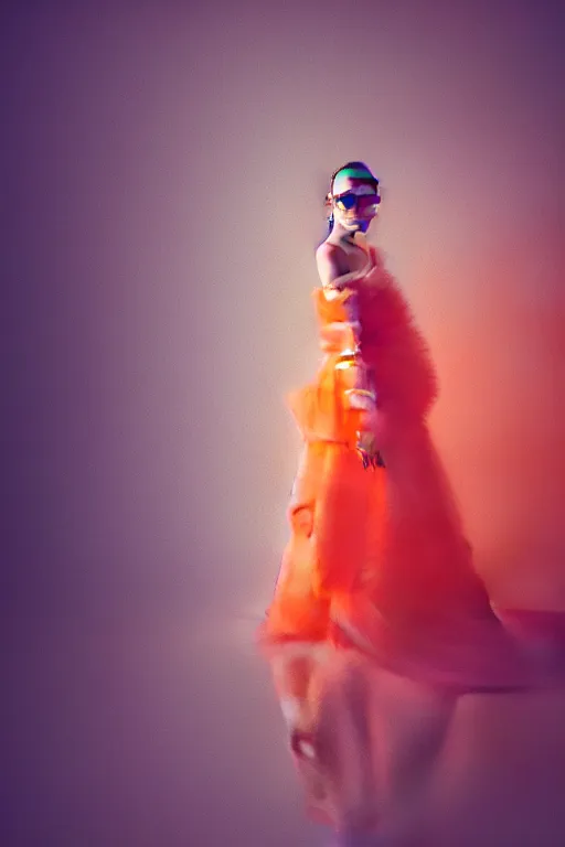 Image similar to a robotic model wearing haute couture from vintage chanel, macro photography, long exposure photograph, surrealism, anamorphic bokeh, cozy, soft light, orange and teal, caustic, atmospheric fog, octane render, cinematic