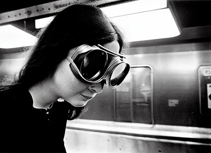 Image similar to close - up portrait of a young woman wearing a choker and welding goggles, in a subway, richard avedon, tri - x pan