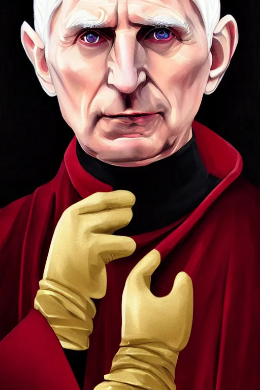 Image similar to bald pale evil sorcerer benedict xvi, steve jobs, stately and dour expression, high black turtleneck, opulent white golden red robe, white leather gloves with gold decoration, sharp focus, illustration, digital painting, art by magali villeneuve