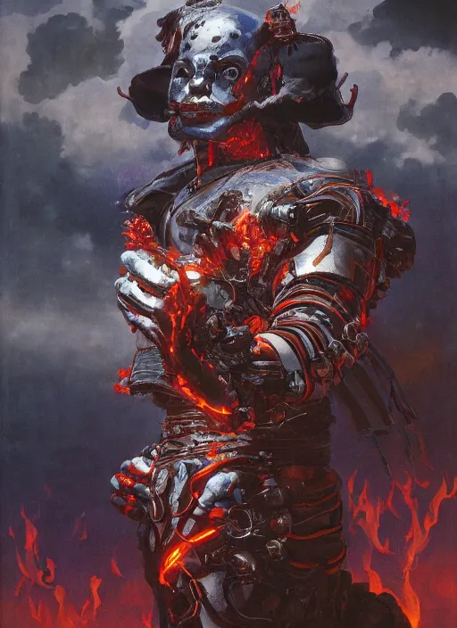 Image similar to portrait of a diabolical cyborg clown samurai armed with flamethrougher, torn cape, dynamic pose, glowing eyes, ancient ruins, glowing veins subsurface scattering, in clouds, sunset, portrait, by gerald brom, by mikhail vrubel, by peter elson, muted colors, extreme detail, reflections, trending on artstation, 8 k