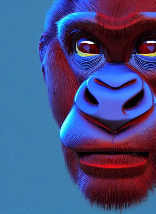 Prompt: a close up of a red gorillas face with blue eyes, an album cover by jacob toorenvliet, featured on behance, cubo - futurism, rendered in cinema 4 d, sketchfab, rendered in maya, red shift, synthwave, by enguerrand quarton, by alesso baldovinetti, 3 d render, holography,