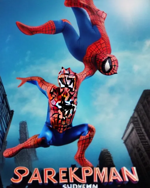 Prompt: Patrick Star, dressed as spiderman, as a movie poster