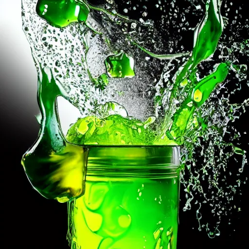 Prompt: a green liquid mixed with honey, waving, flowing, dramatic lighting