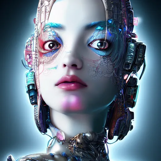 Image similar to the portrait of an absurdly beautiful, graceful, elegant, sophisticated, fashionable cyberpunk gravure idol, an ultrafine hyperdetailed illustration by kim jung gi, irakli nadar, intricate linework, bright colors, porcelain skin, unreal engine 5 highly rendered, global illumination, radiant light, detailed and intricate environment