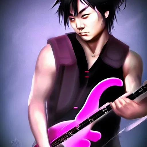 Prompt: short black haired chinese rocker guy with a stoic expression, wearing a black vest and playing a pink guitar, smoke in the background, full color digital illustration in the style of frank frazetta,, artgerm, artstation trending