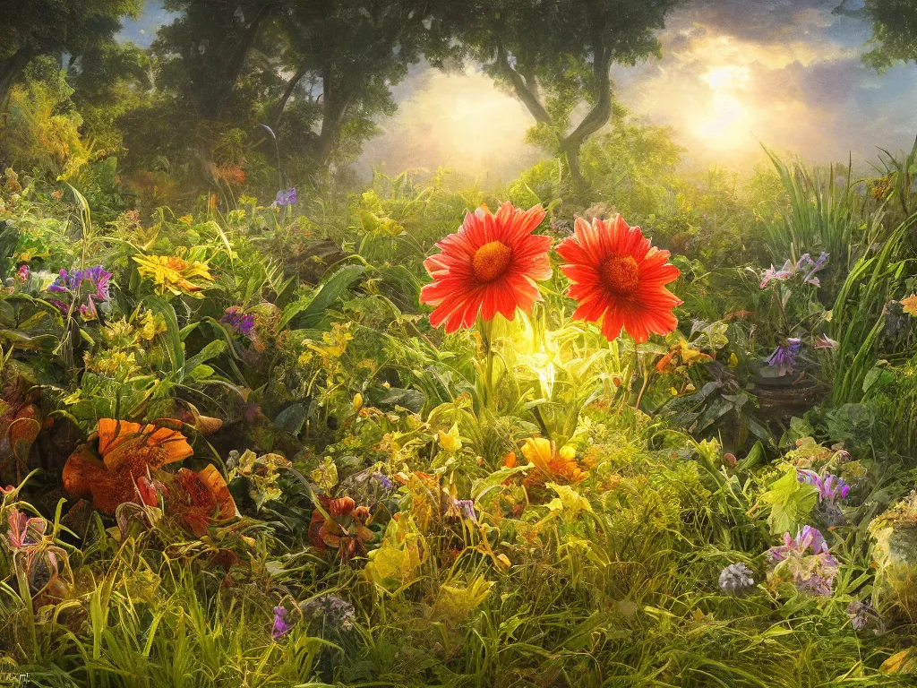 Image similar to sunlight study, the orb of kauai wildflower undergrowth, art nouveau, by cornelis de heem and ( ( ( ( ( lisa frank ) ) ) ) ), 8 k, sharp focus, octane render